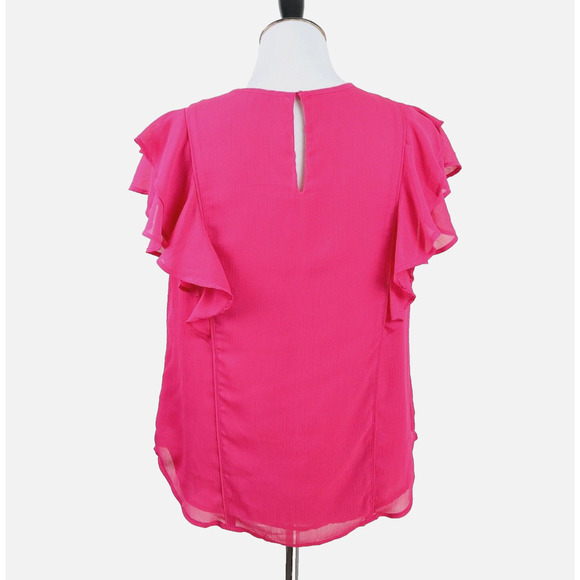 Ann Taylor Size M Flutter Sleeve Blouse Crinkle Chiffon Fuchsia Pink - Picture 4 of 12